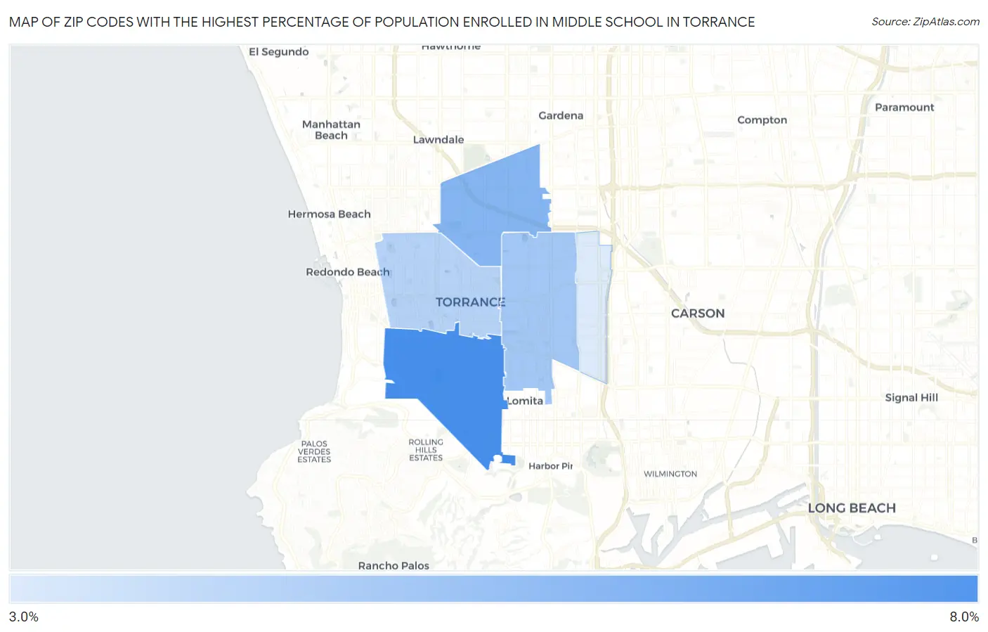 Zip Codes with the Highest Percentage of Population Enrolled in Middle School in Torrance Map