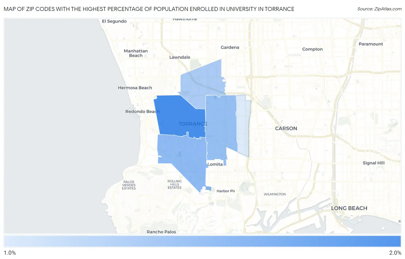 Zip Codes with the Highest Percentage of Population Enrolled in University in Torrance Map