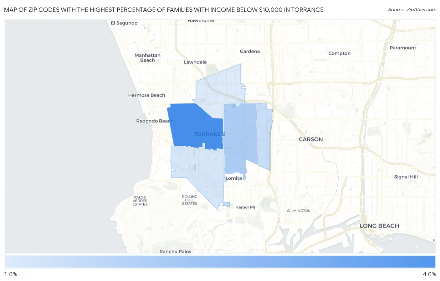 Zip Codes with the Highest Percentage of Families with Income Below $10,000 in Torrance Map