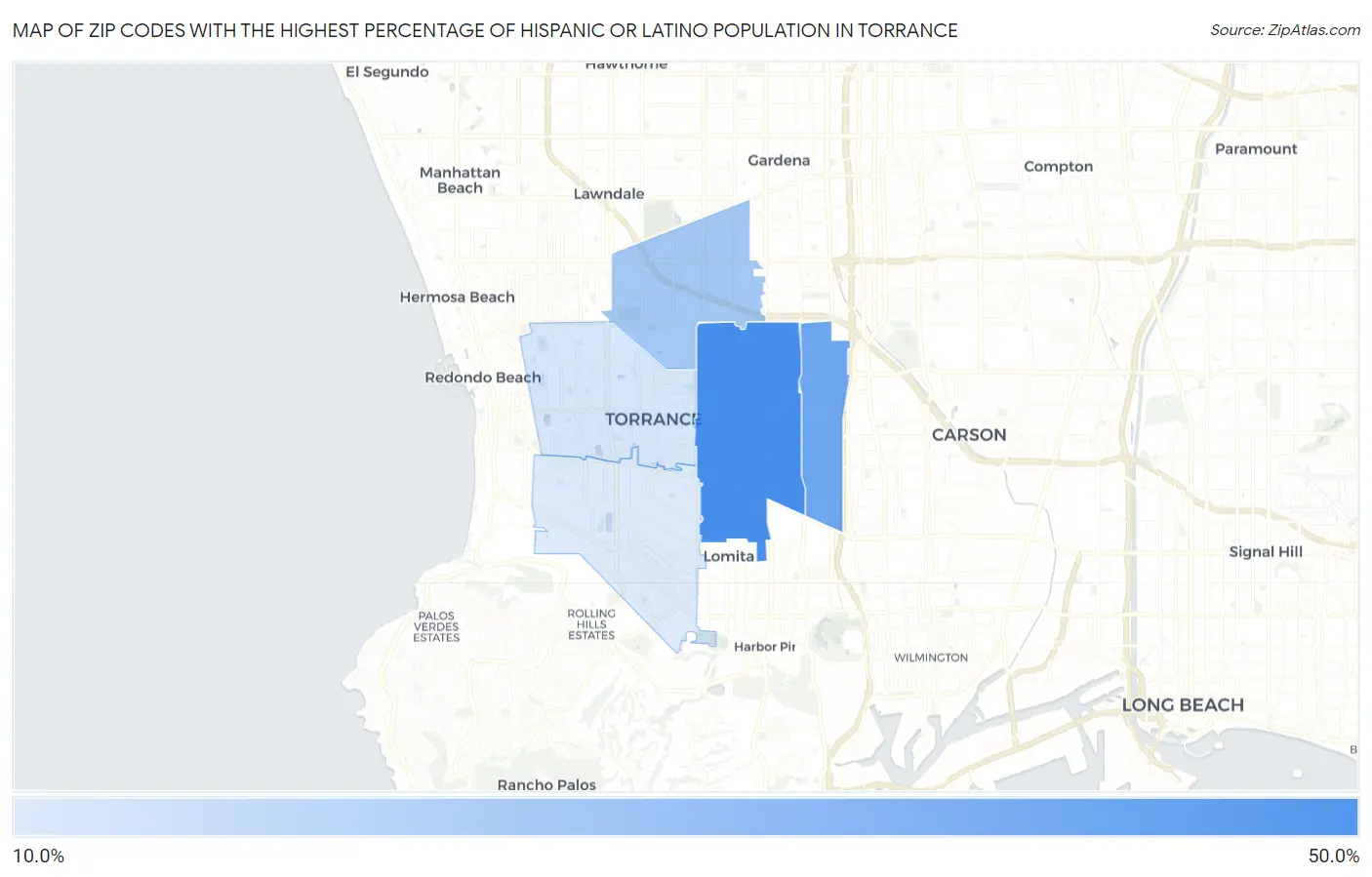 Zip Codes with the Highest Percentage of Hispanic or Latino Population in Torrance Map