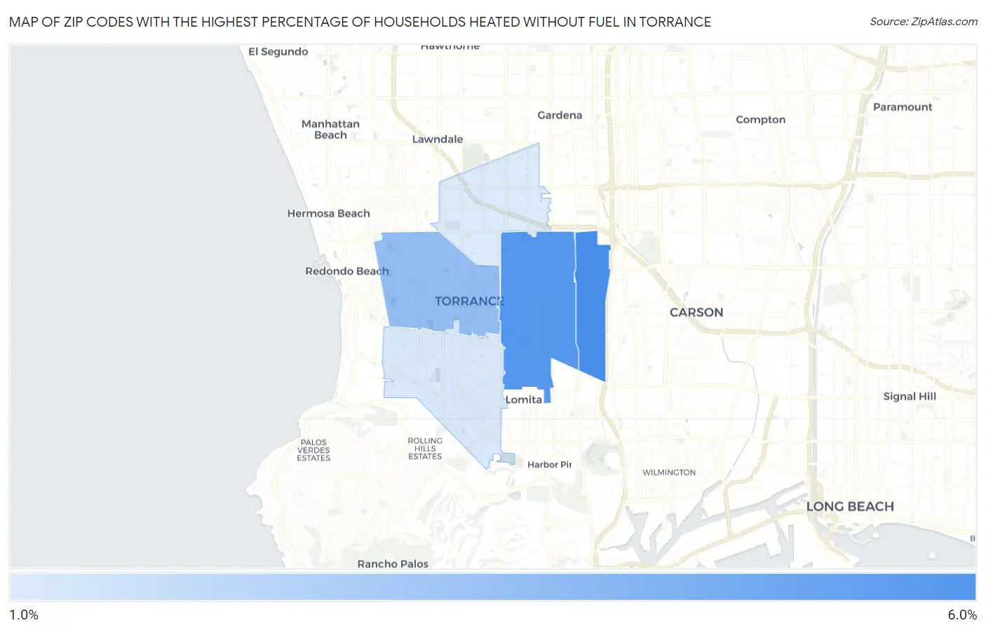 Zip Codes with the Highest Percentage of Households Heated without Fuel in Torrance Map