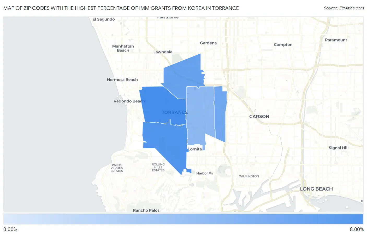 Zip Codes with the Highest Percentage of Immigrants from Korea in Torrance Map