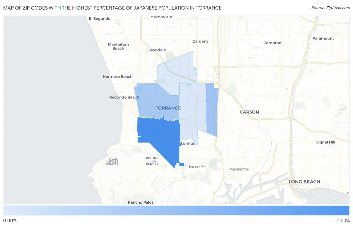 Zip Codes with the Highest Percentage of Japanese Population in Torrance Map