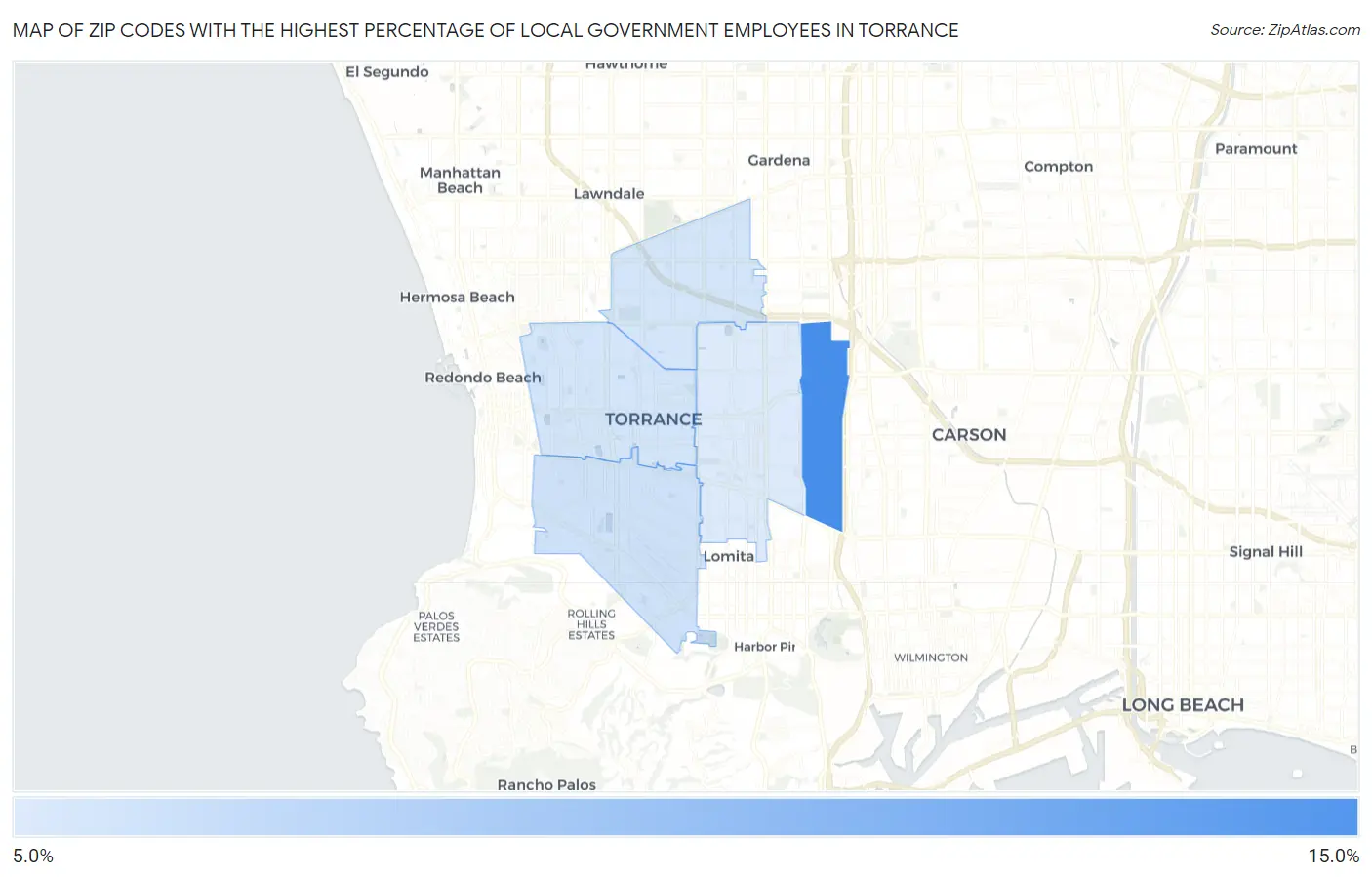 Zip Codes with the Highest Percentage of Local Government Employees in Torrance Map