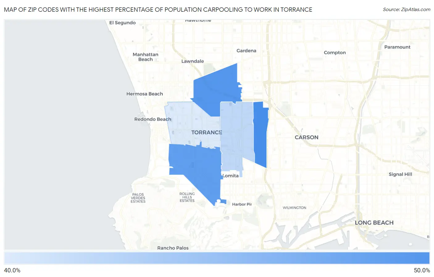 Zip Codes with the Highest Percentage of Population Carpooling to Work in Torrance Map