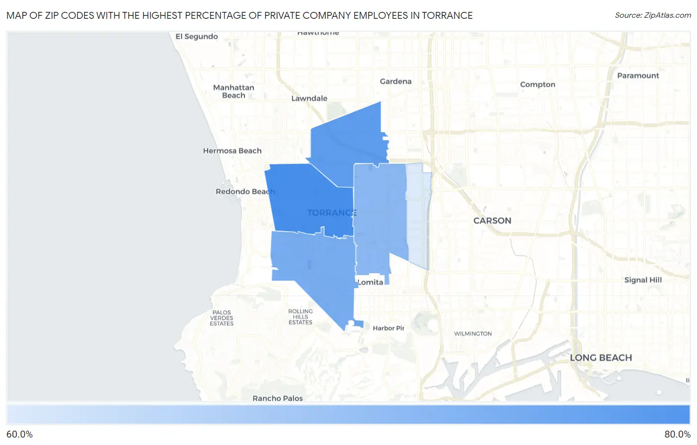Zip Codes with the Highest Percentage of Private Company Employees in Torrance Map