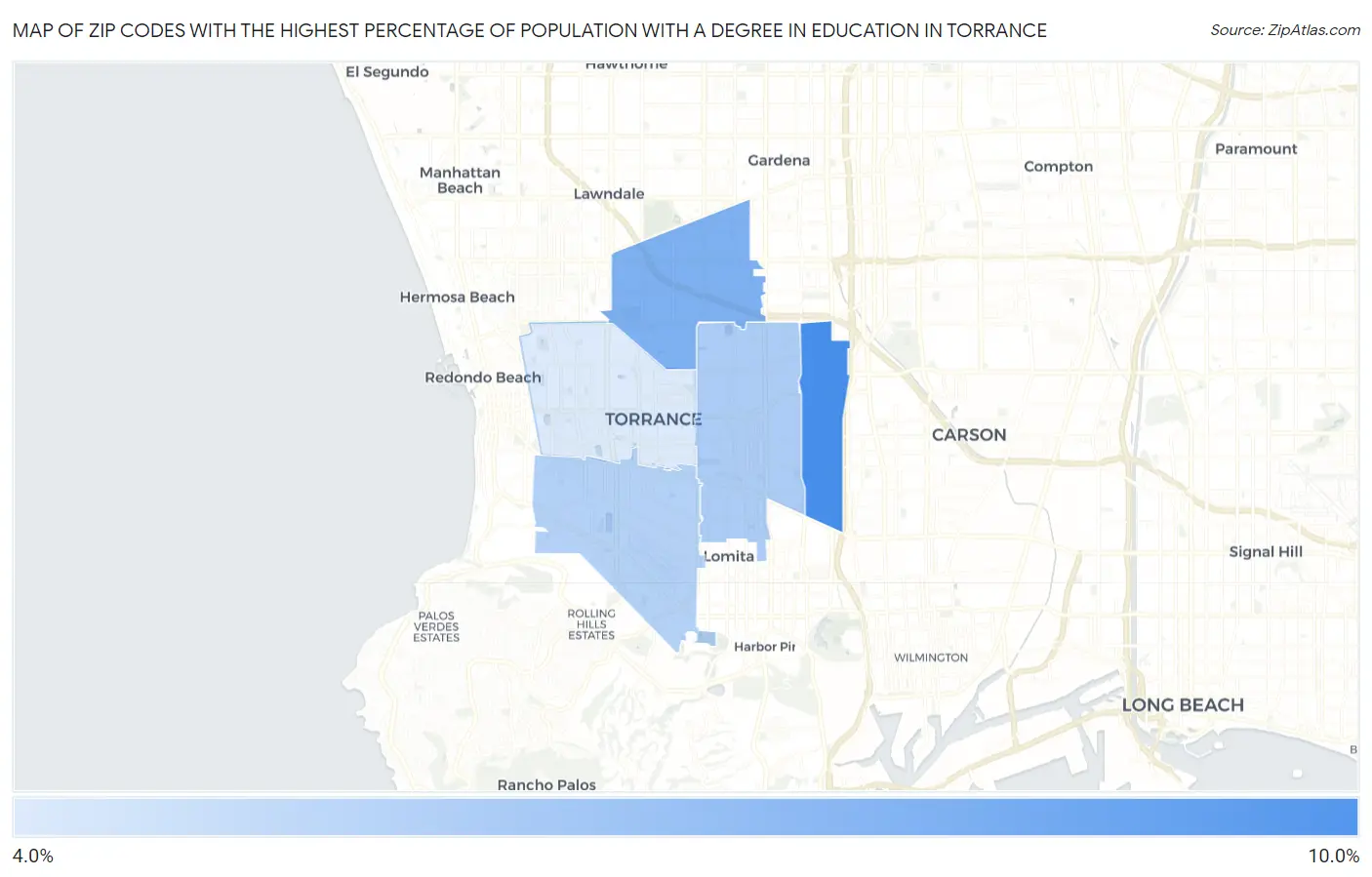 Zip Codes with the Highest Percentage of Population with a Degree in Education in Torrance Map