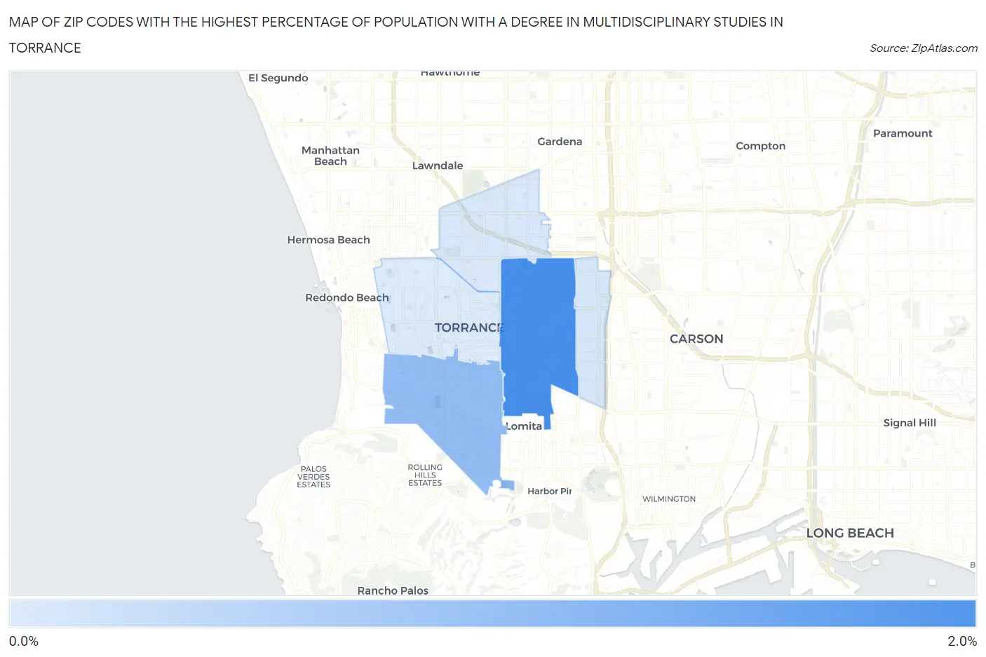 Zip Codes with the Highest Percentage of Population with a Degree in Multidisciplinary Studies in Torrance Map