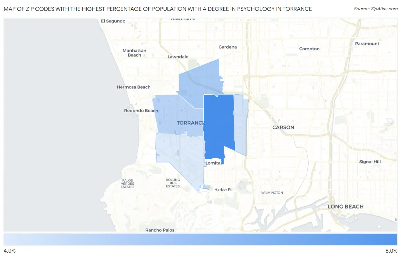 Zip Codes with the Highest Percentage of Population with a Degree in Psychology in Torrance Map