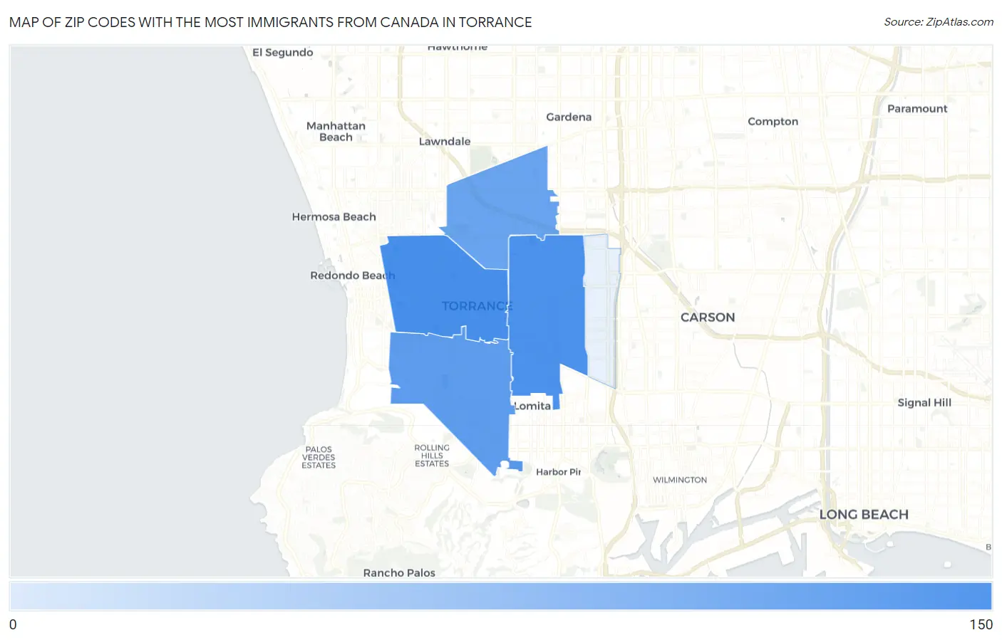 Zip Codes with the Most Immigrants from Canada in Torrance Map