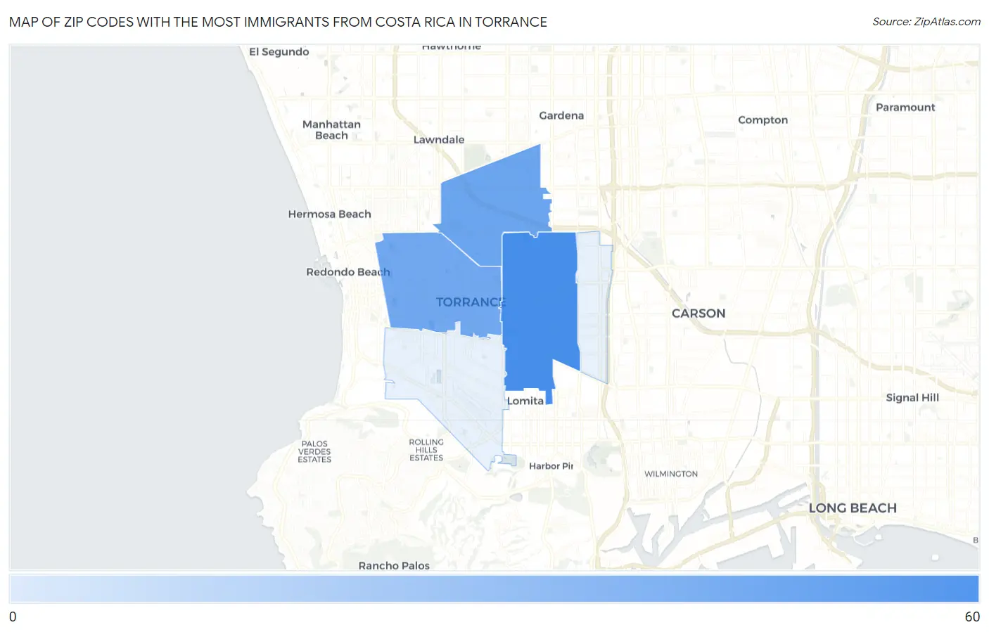 Zip Codes with the Most Immigrants from Costa Rica in Torrance Map