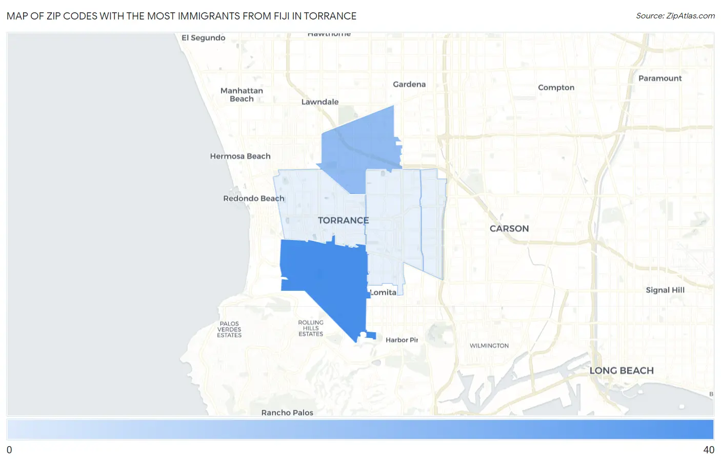 Zip Codes with the Most Immigrants from Fiji in Torrance Map