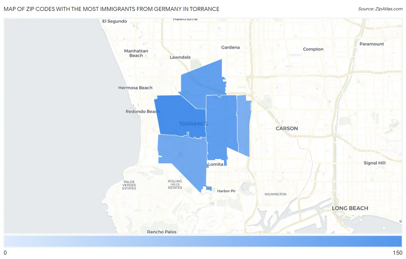 Zip Codes with the Most Immigrants from Germany in Torrance Map