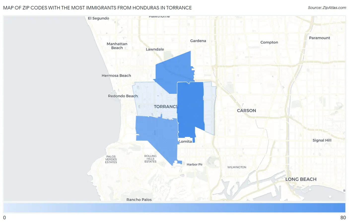 Zip Codes with the Most Immigrants from Honduras in Torrance Map