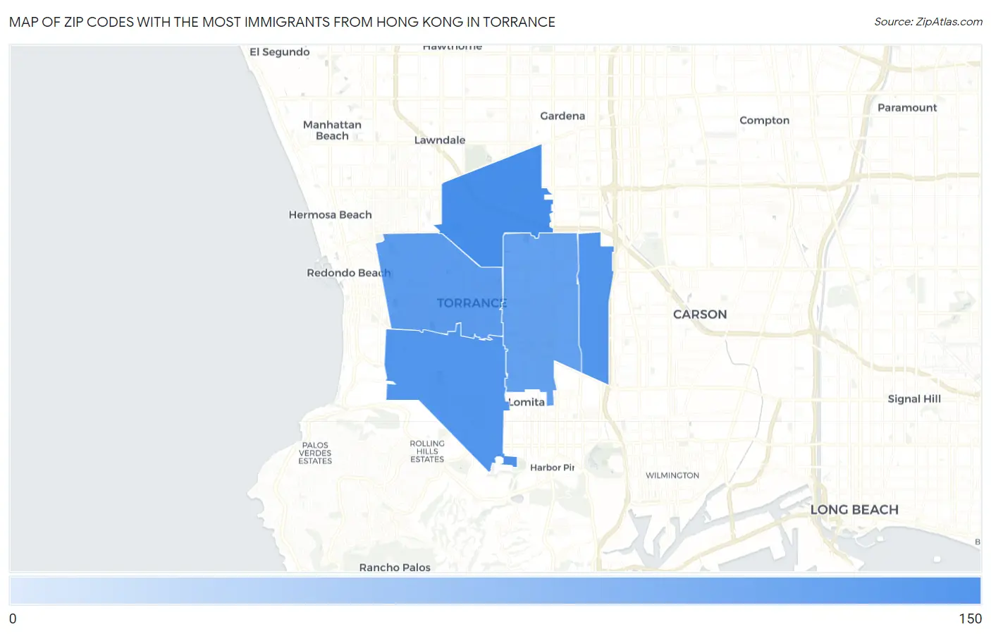 Zip Codes with the Most Immigrants from Hong Kong in Torrance Map