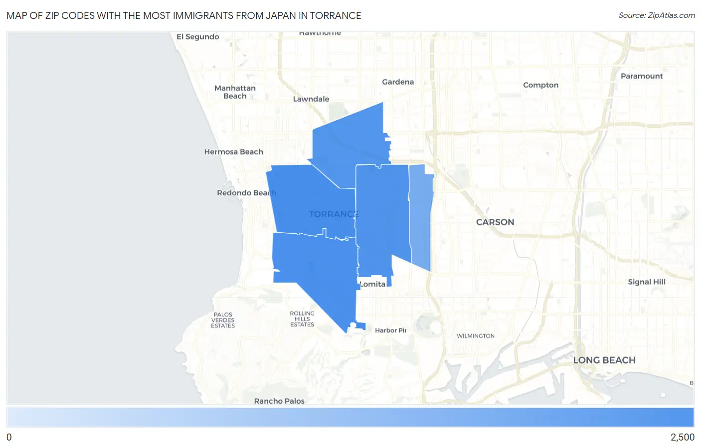 Zip Codes with the Most Immigrants from Japan in Torrance Map