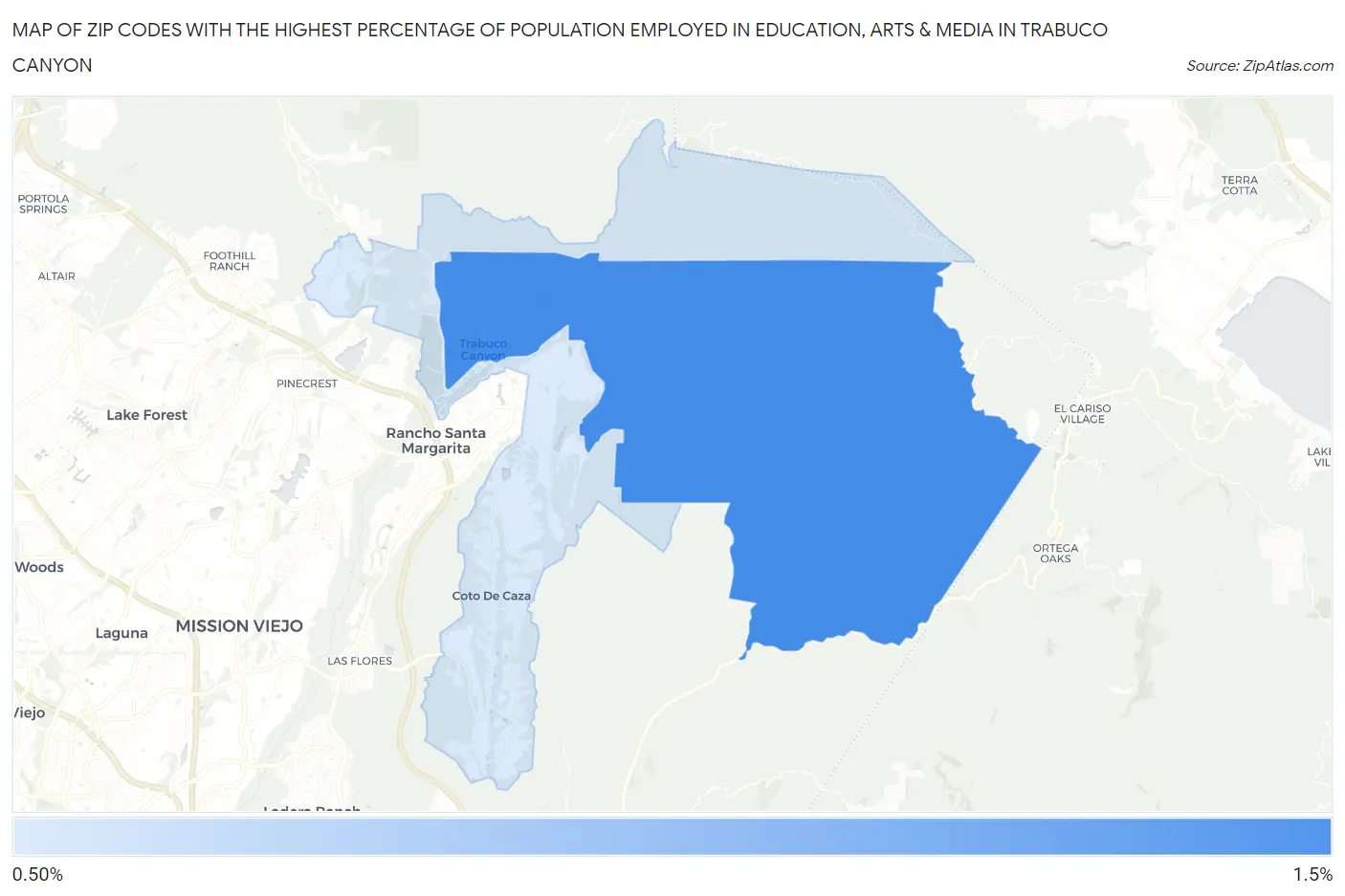 Zip Codes with the Highest Percentage of Population Employed in Education, Arts & Media in Trabuco Canyon Map
