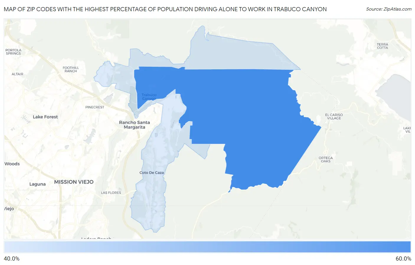 Zip Codes with the Highest Percentage of Population Driving Alone to Work in Trabuco Canyon Map