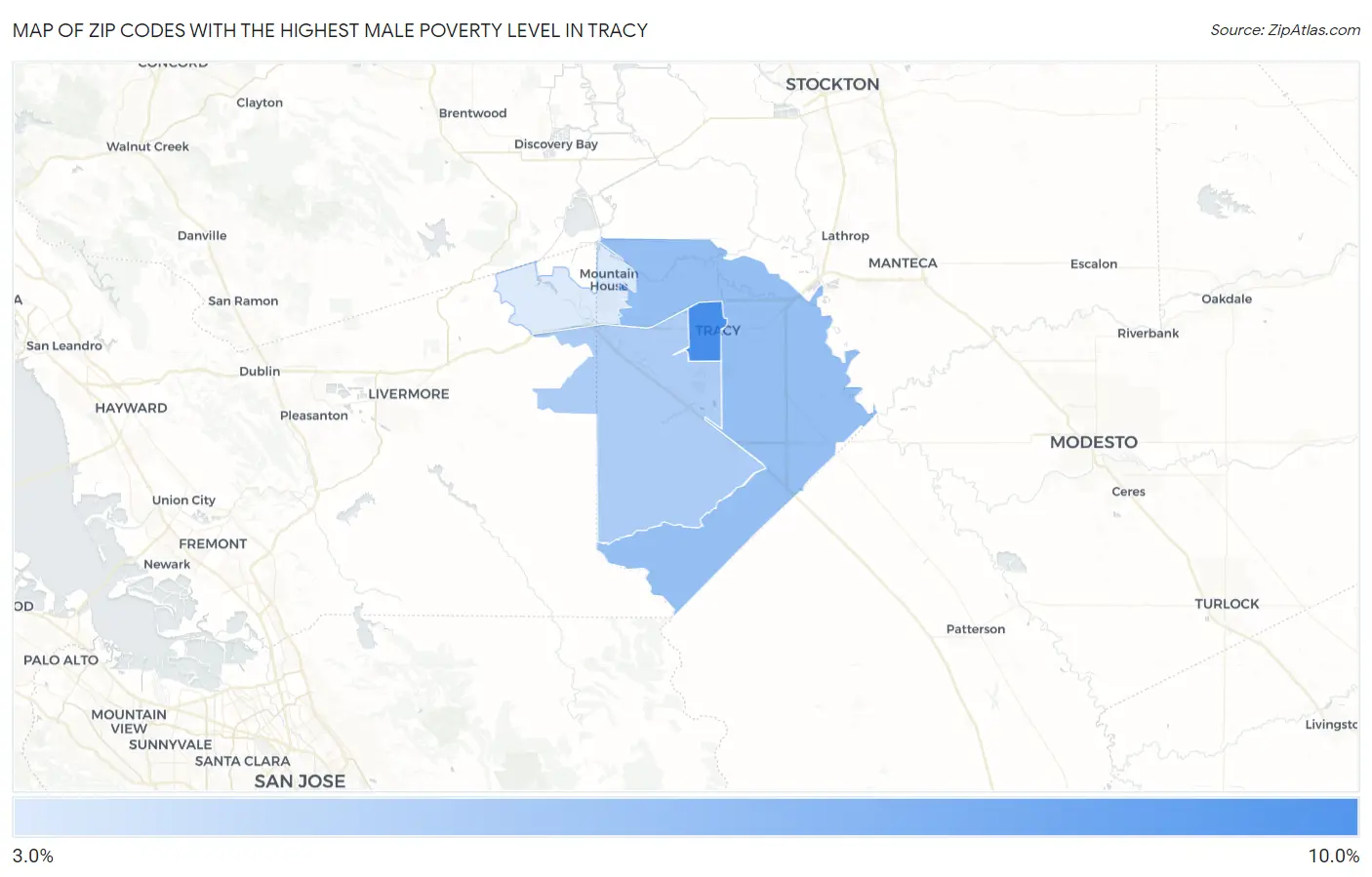 Zip Codes with the Highest Male Poverty Level in Tracy Map