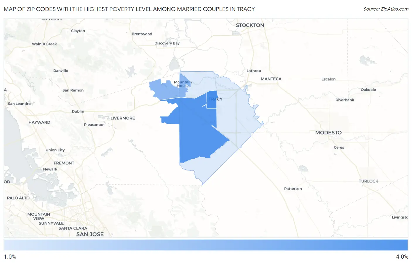 Zip Codes with the Highest Poverty Level Among Married Couples in Tracy Map
