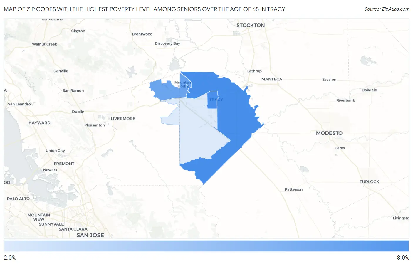 Zip Codes with the Highest Poverty Level Among Seniors Over the Age of 65 in Tracy Map