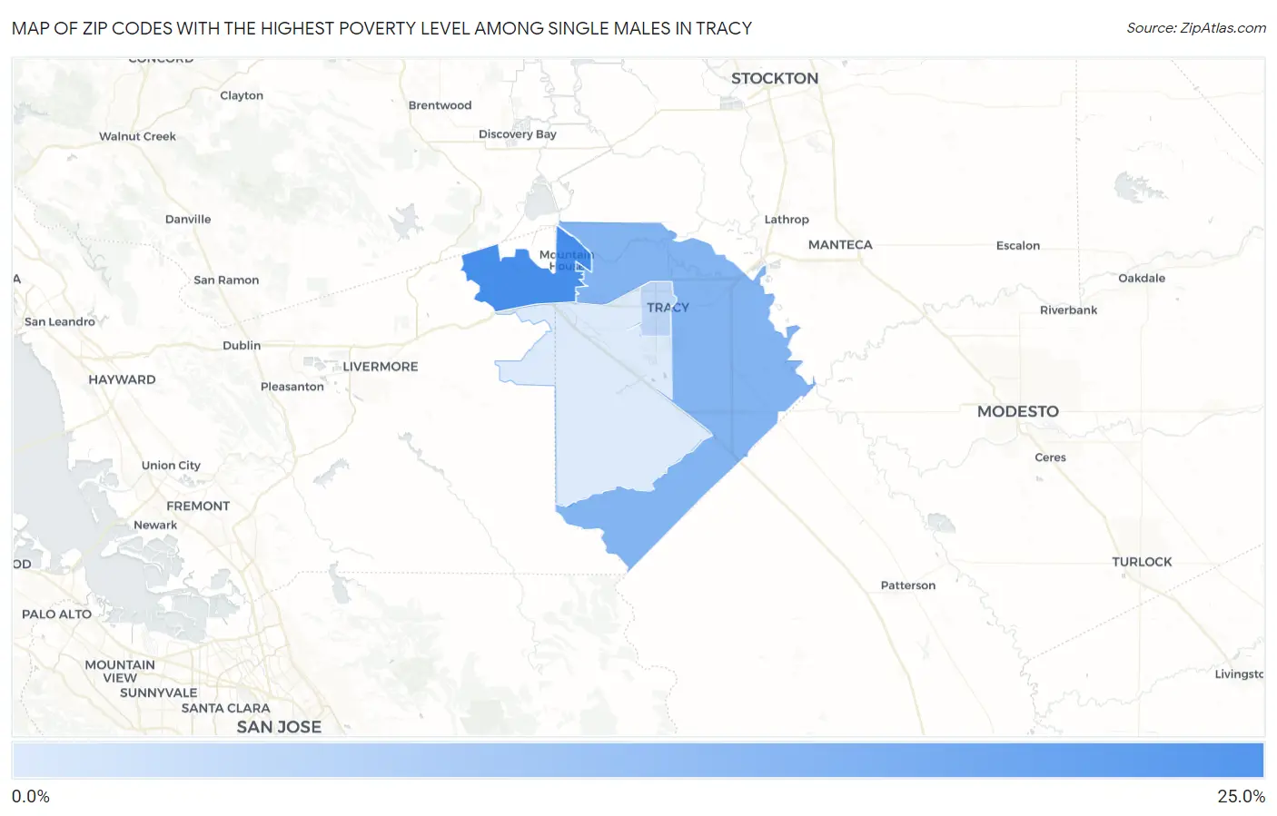 Zip Codes with the Highest Poverty Level Among Single Males in Tracy Map