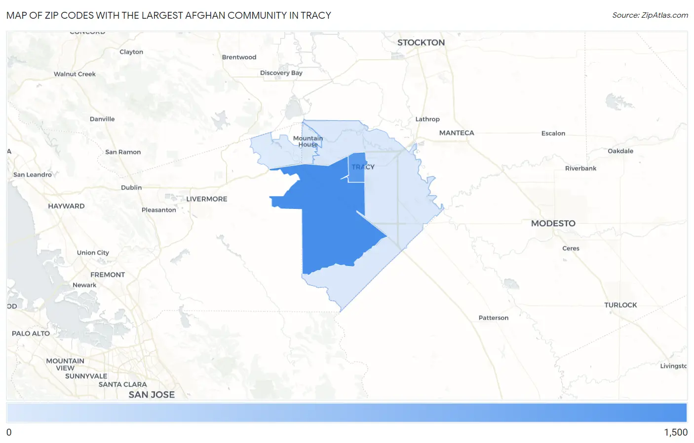 Zip Codes with the Largest Afghan Community in Tracy Map