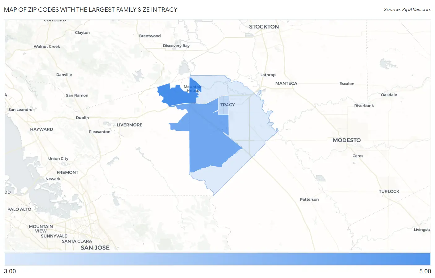 Zip Codes with the Largest Family Size in Tracy Map