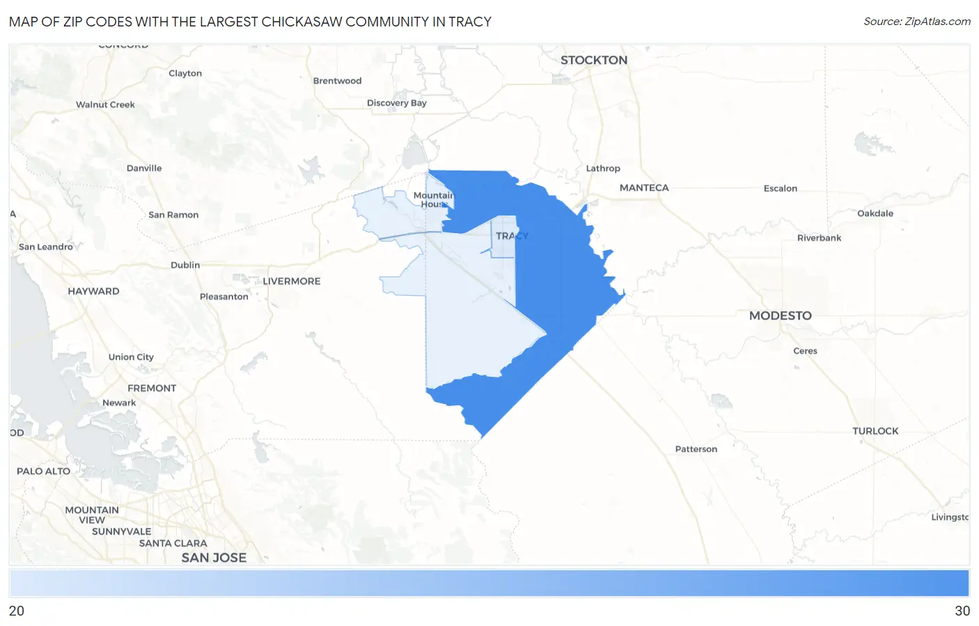 Zip Codes with the Largest Chickasaw Community in Tracy Map