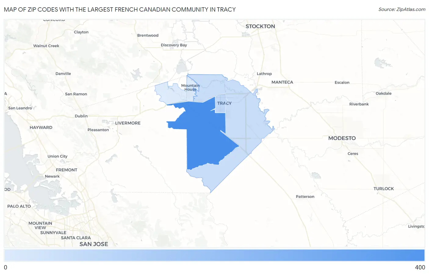 Zip Codes with the Largest French Canadian Community in Tracy Map