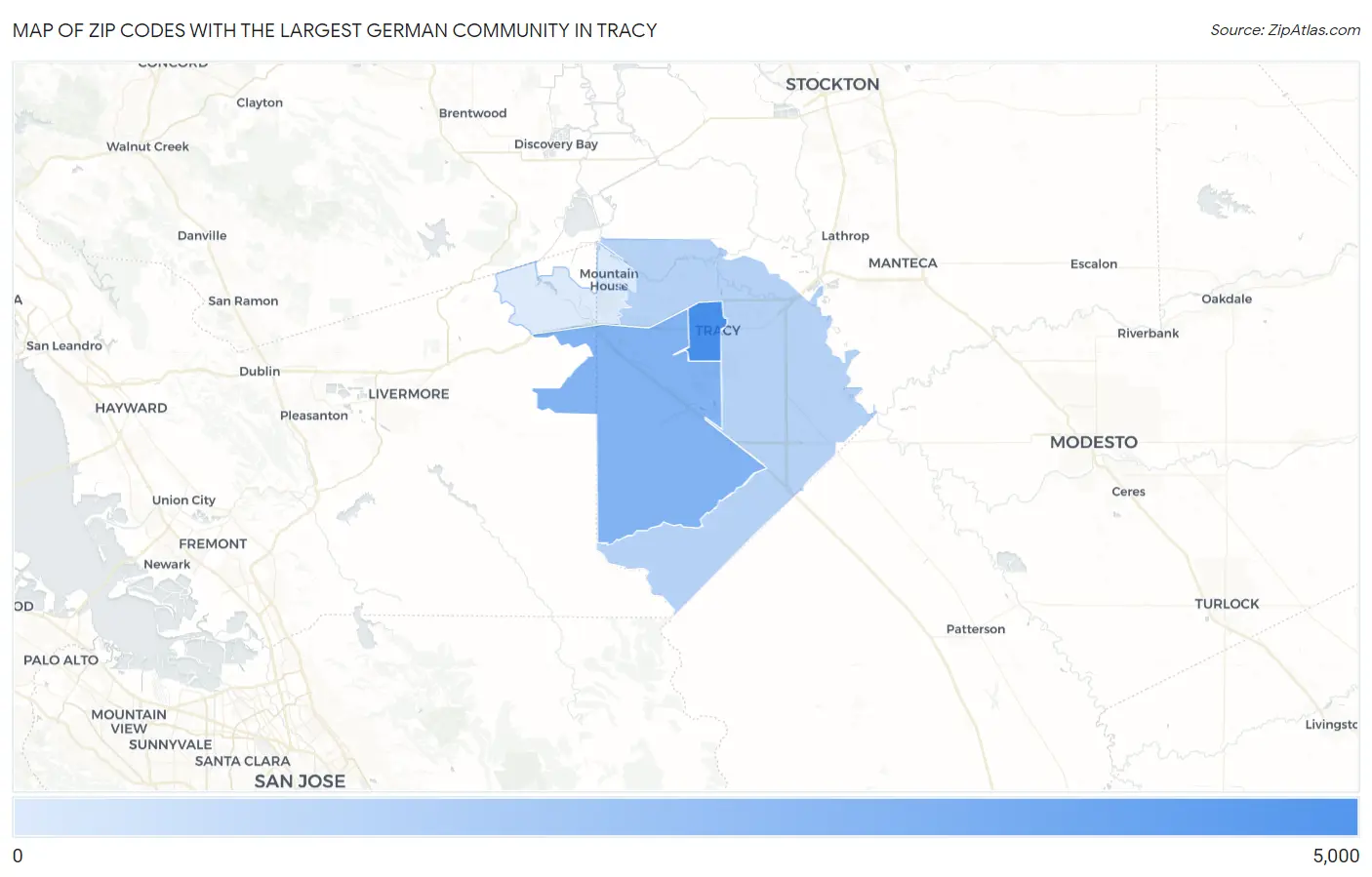 Zip Codes with the Largest German Community in Tracy Map