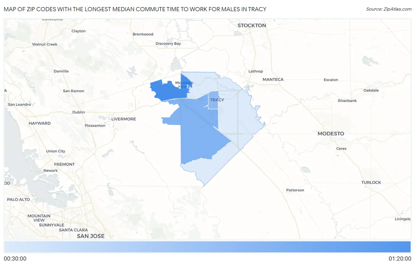 Zip Codes with the Longest Median Commute Time to Work for Males in Tracy Map