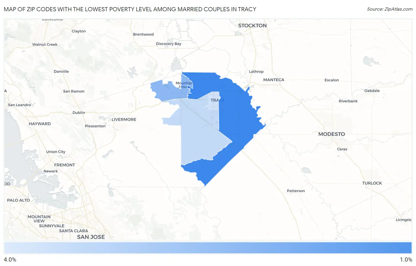 Zip Codes with the Lowest Poverty Level Among Married Couples in Tracy Map
