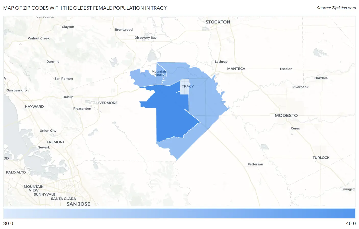 Zip Codes with the Oldest Female Population in Tracy Map