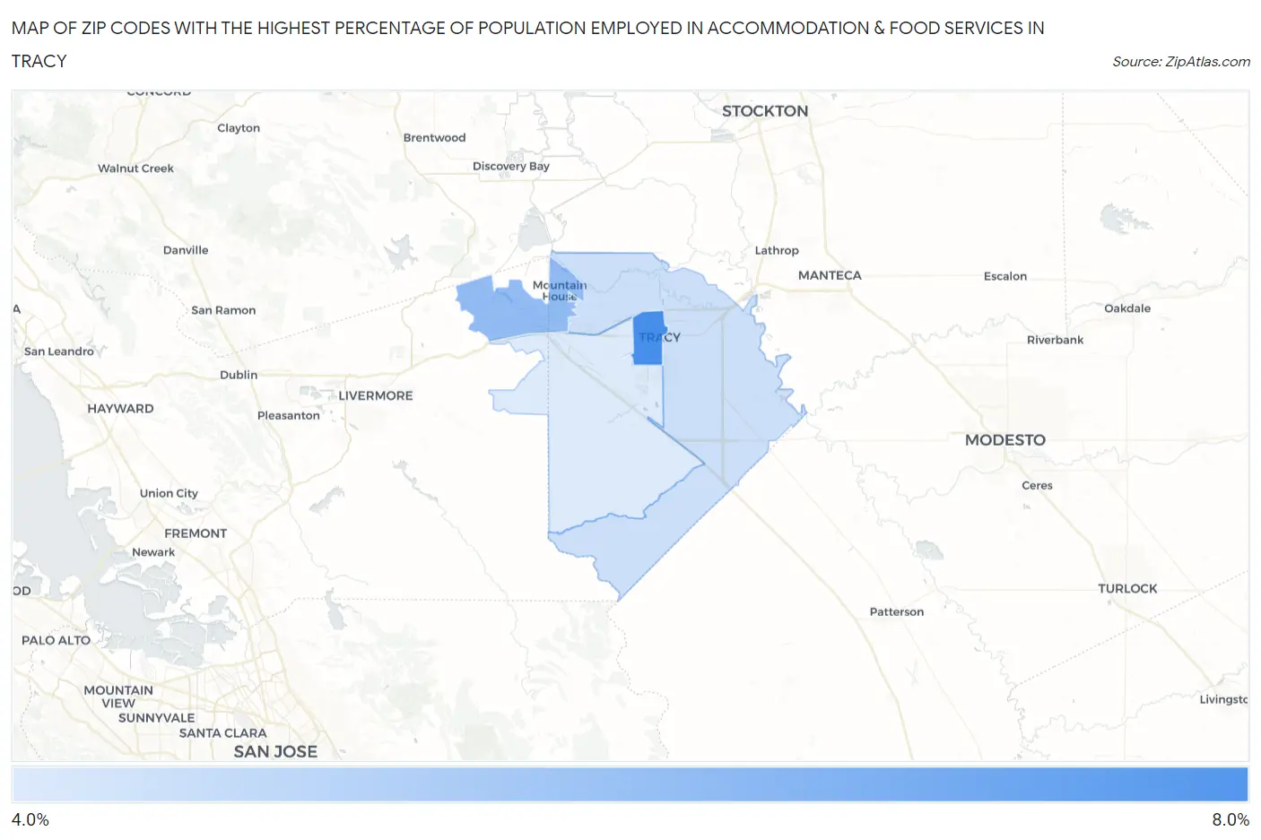 Zip Codes with the Highest Percentage of Population Employed in Accommodation & Food Services in Tracy Map