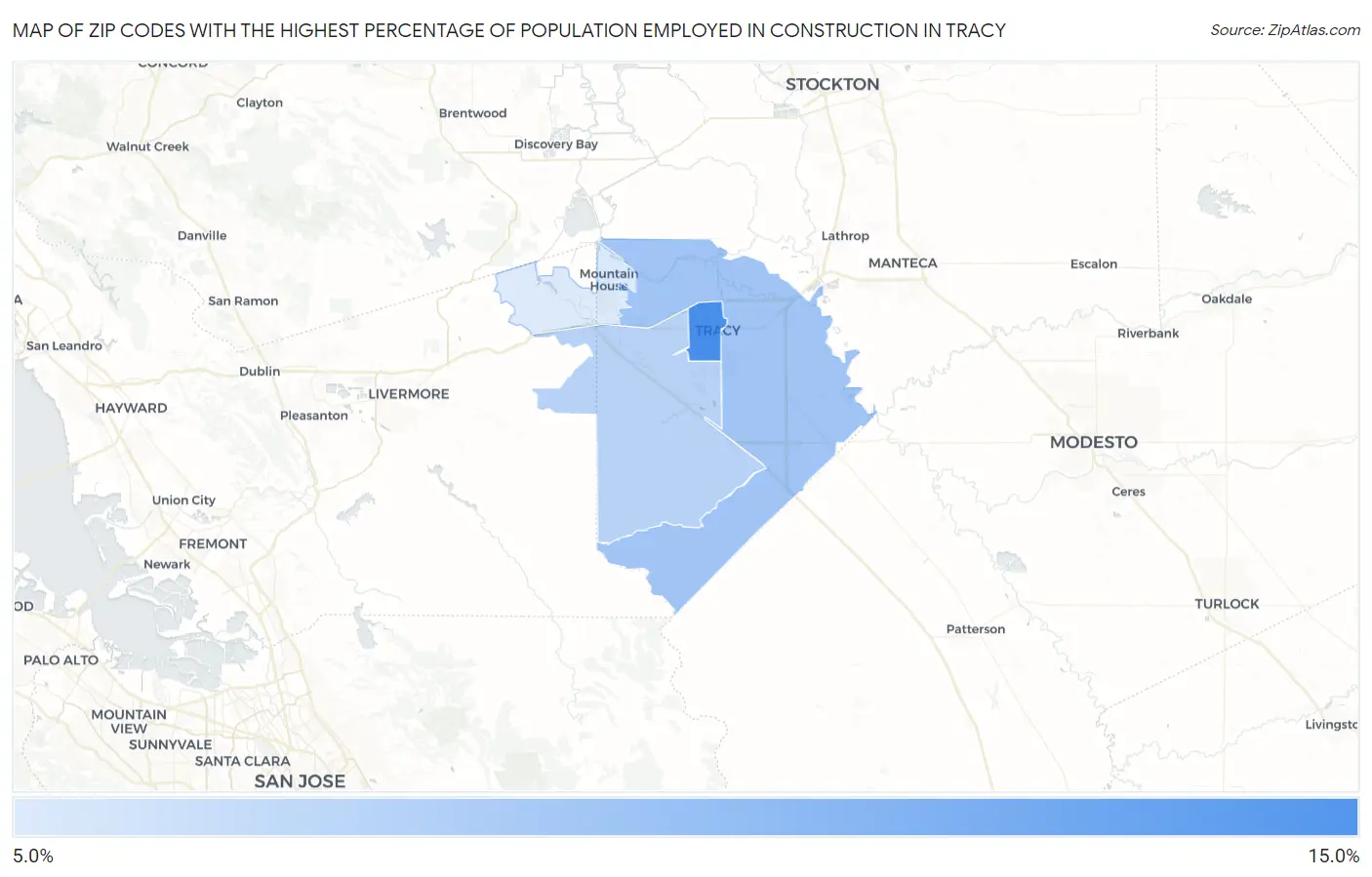 Zip Codes with the Highest Percentage of Population Employed in Construction in Tracy Map