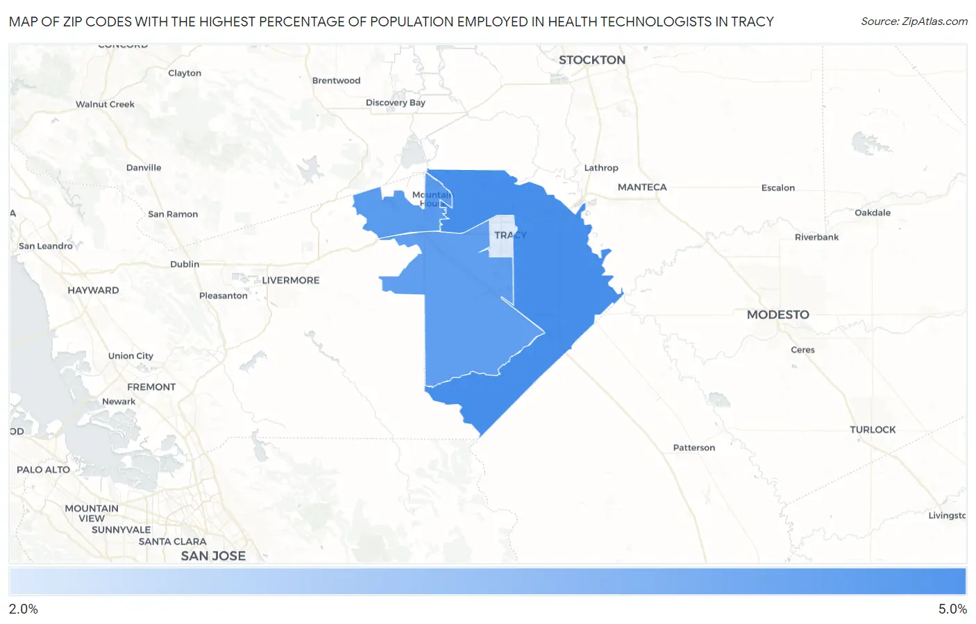 Zip Codes with the Highest Percentage of Population Employed in Health Technologists in Tracy Map