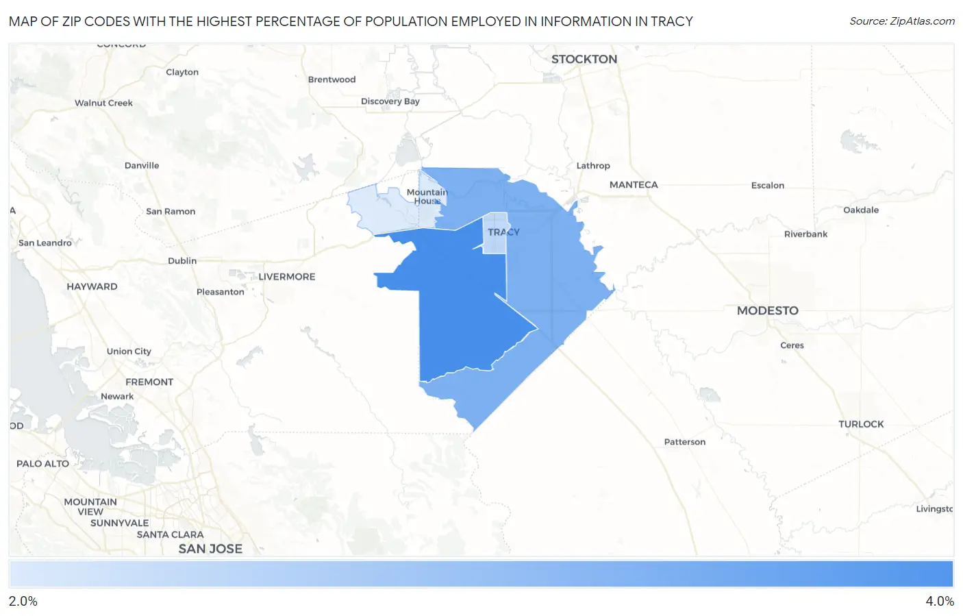 Zip Codes with the Highest Percentage of Population Employed in Information in Tracy Map