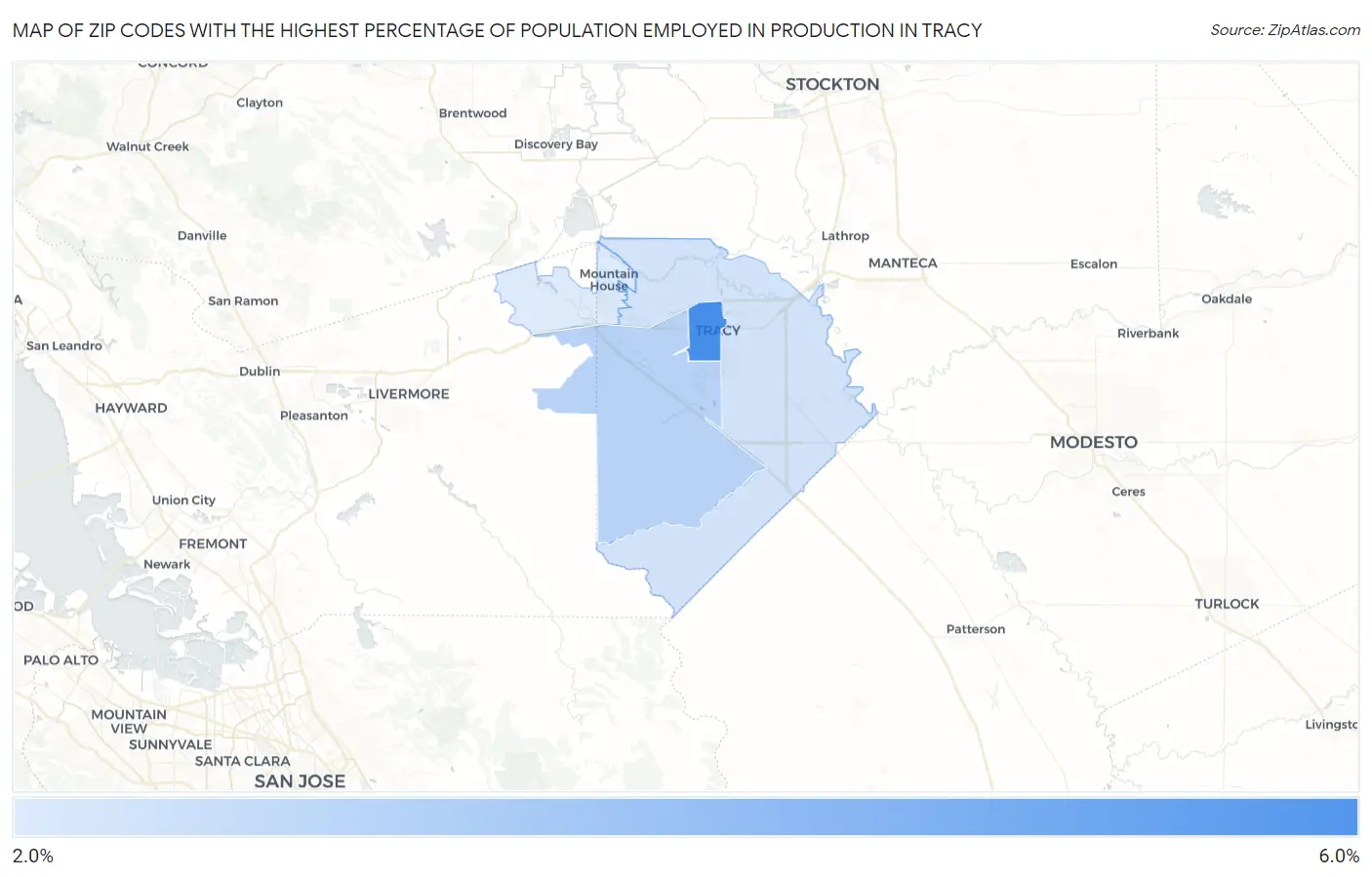 Zip Codes with the Highest Percentage of Population Employed in Production in Tracy Map
