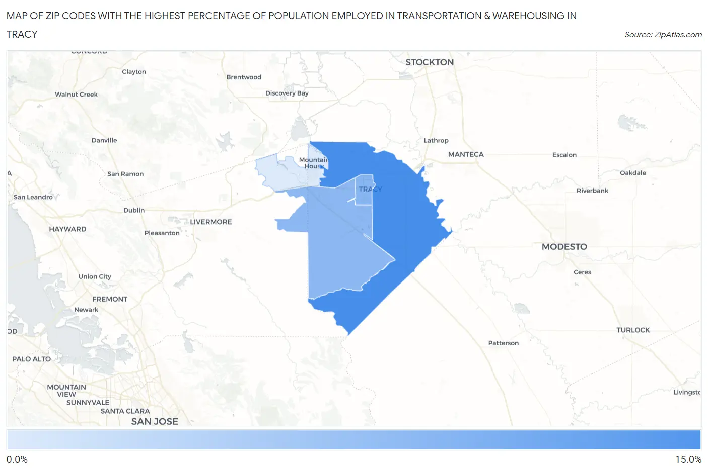 Zip Codes with the Highest Percentage of Population Employed in Transportation & Warehousing in Tracy Map