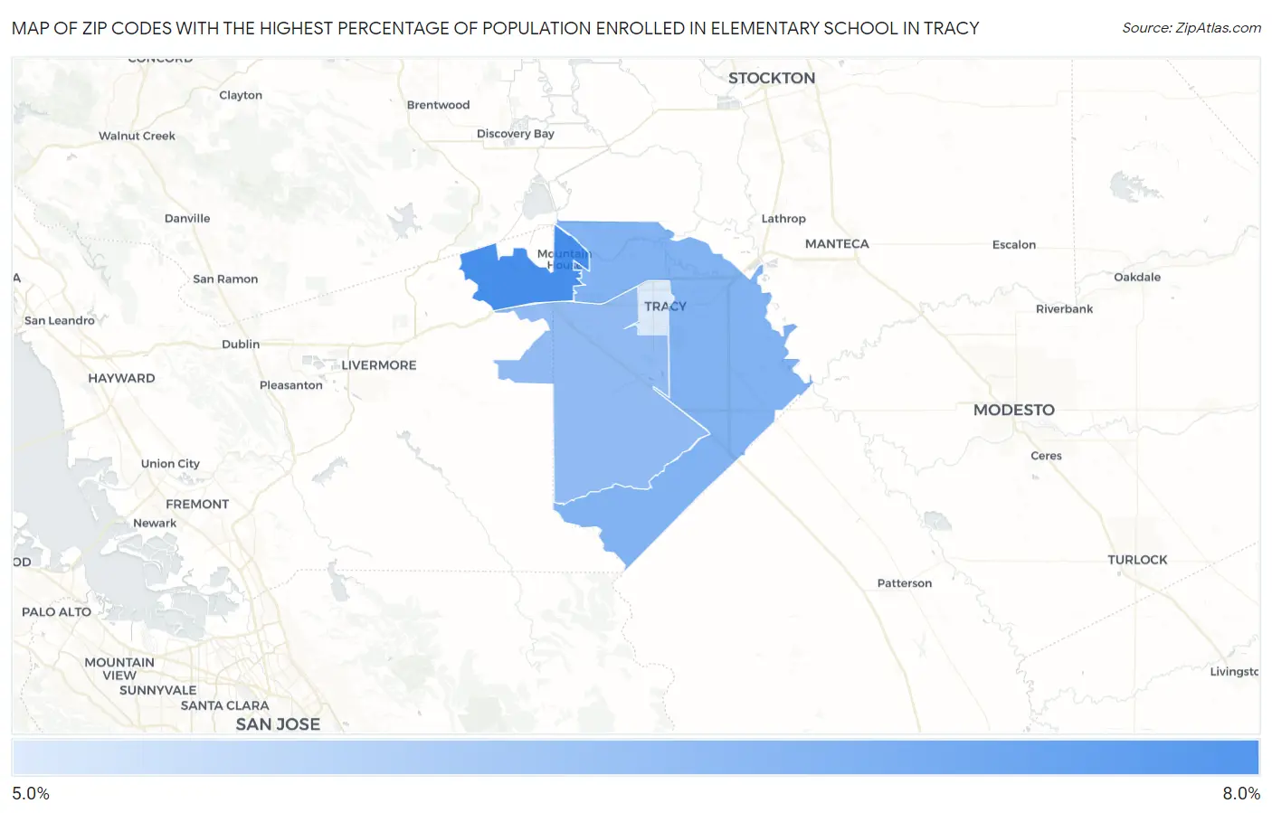 Zip Codes with the Highest Percentage of Population Enrolled in Elementary School in Tracy Map