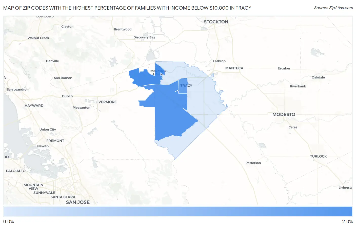 Zip Codes with the Highest Percentage of Families with Income Below $10,000 in Tracy Map