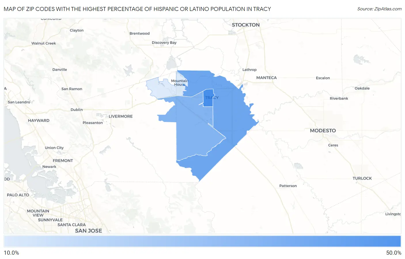 Zip Codes with the Highest Percentage of Hispanic or Latino Population in Tracy Map