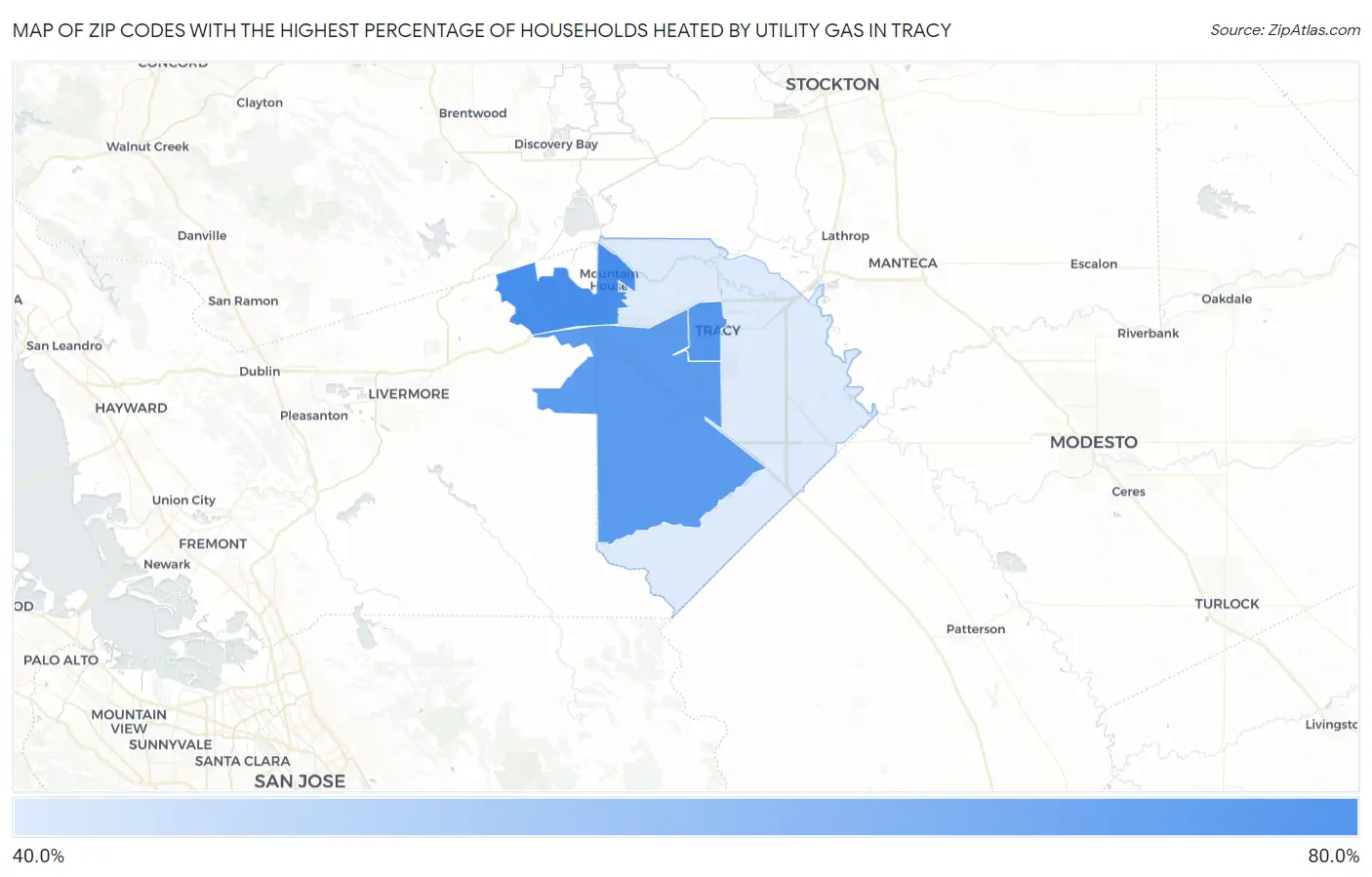 Zip Codes with the Highest Percentage of Households Heated by Utility Gas in Tracy Map