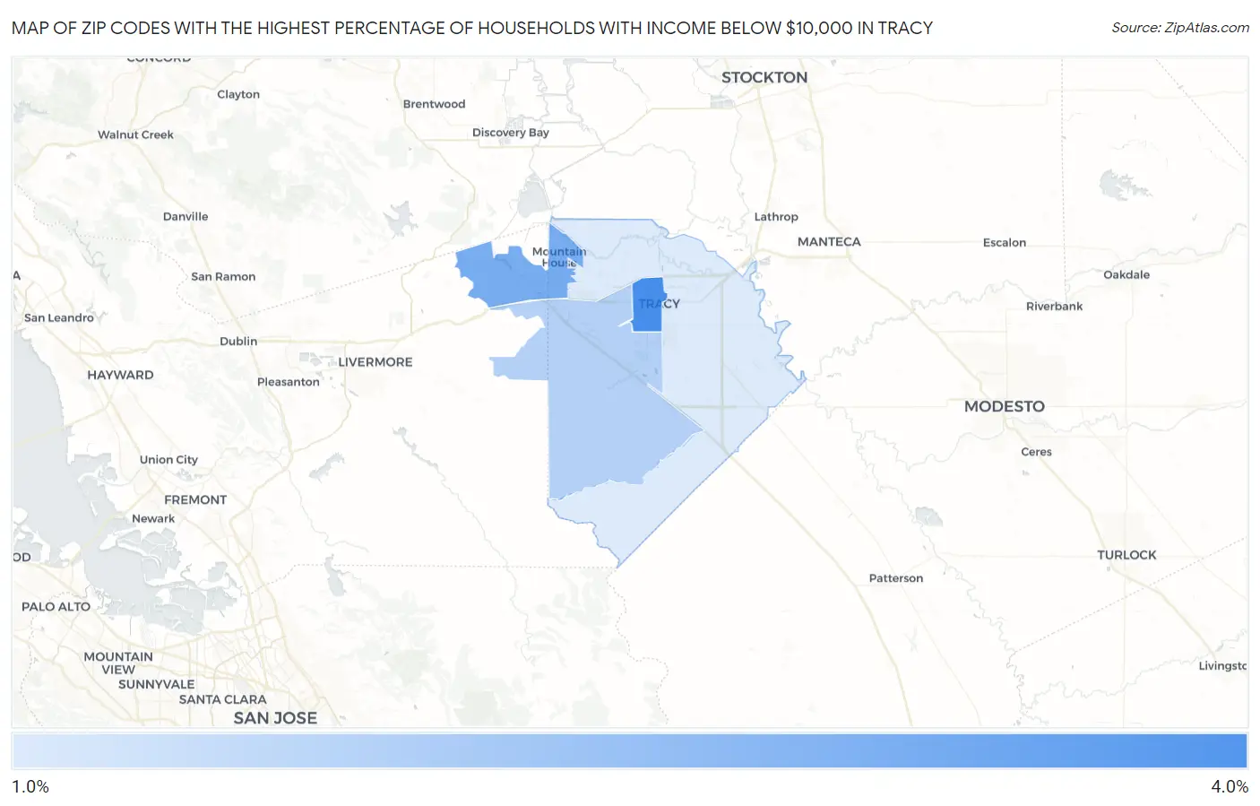 Zip Codes with the Highest Percentage of Households with Income Below $10,000 in Tracy Map