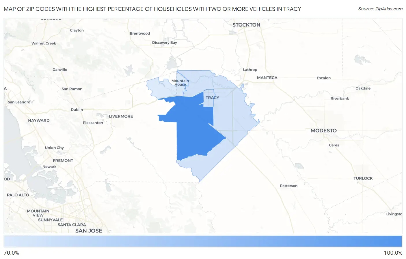 Zip Codes with the Highest Percentage of Households With Two or more Vehicles in Tracy Map