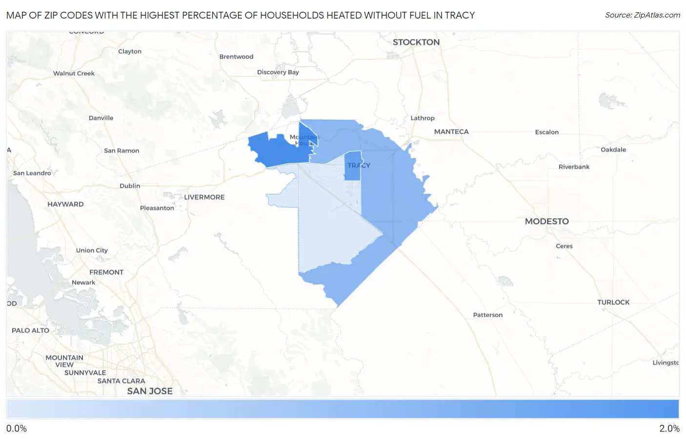 Zip Codes with the Highest Percentage of Households Heated without Fuel in Tracy Map
