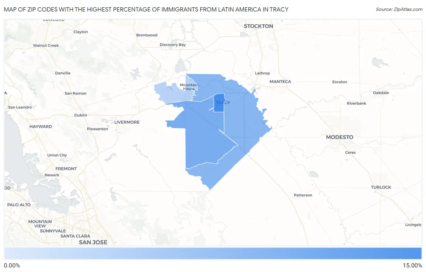 Zip Codes with the Highest Percentage of Immigrants from Latin America in Tracy Map