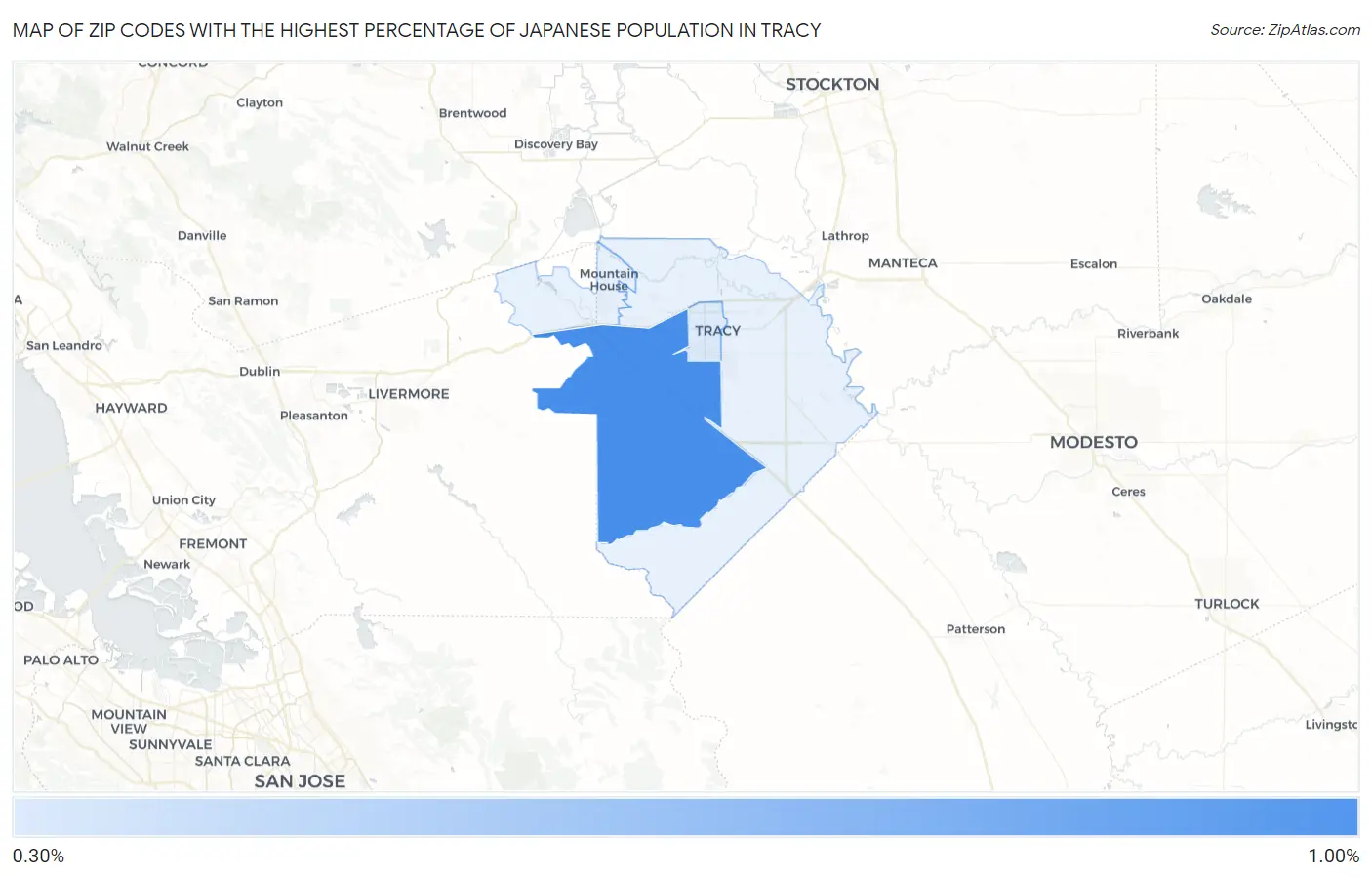 Zip Codes with the Highest Percentage of Japanese Population in Tracy Map