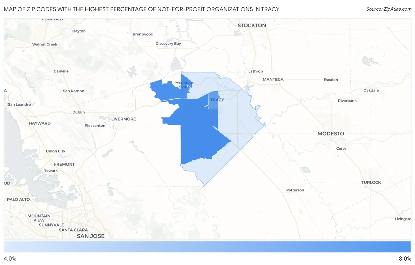 Zip Codes with the Highest Percentage of Not-for-profit Organizations in Tracy Map